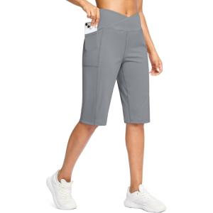 imageG Gradual Womens 14quot Bermuda Long Shorts Knee Length High Waisted Athletic Shorts with Pockets Stretch Casual Summer WalkingLight Grey