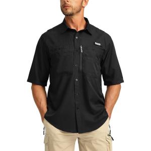imageMens Fishing Shirts with Zipper Pockets UPF 50 Lightweight Cool Short Sleeve Button Down Shirts for Men Casual HikingBlack