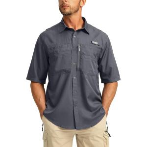 imageMens Fishing Shirts with Zipper Pockets UPF 50 Lightweight Cool Short Sleeve Button Down Shirts for Men Casual HikingDark Grey