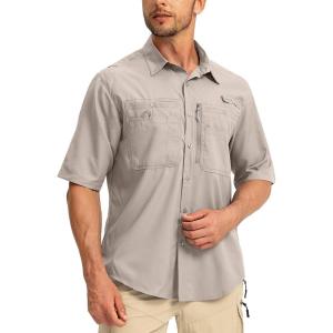 imageMens Fishing Shirts with Zipper Pockets UPF 50 Lightweight Cool Short Sleeve Button Down Shirts for Men Casual HikingDark Khaki