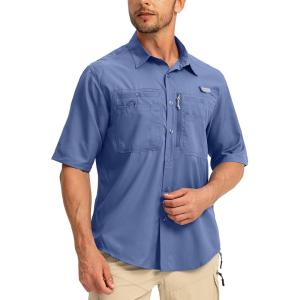 imageMens Fishing Shirts with Zipper Pockets UPF 50 Lightweight Cool Short Sleeve Button Down Shirts for Men Casual HikingDusty Blue