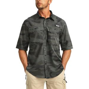 imageMens Fishing Shirts with Zipper Pockets UPF 50 Lightweight Cool Short Sleeve Button Down Shirts for Men Casual HikingGreen Camo
