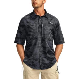 imageMens Fishing Shirts with Zipper Pockets UPF 50 Lightweight Cool Short Sleeve Button Down Shirts for Men Casual HikingGrey Camo