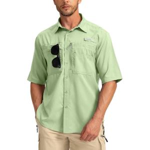 imageMens Fishing Shirts with Zipper Pockets UPF 50 Lightweight Cool Short Sleeve Button Down Shirts for Men Casual HikingLight Green