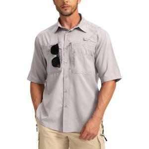 imageMens Fishing Shirts with Zipper Pockets UPF 50 Lightweight Cool Short Sleeve Button Down Shirts for Men Casual HikingLight Khaki
