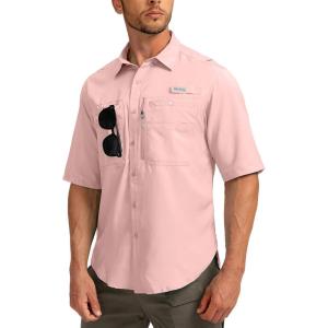 imageMens Fishing Shirts with Zipper Pockets UPF 50 Lightweight Cool Short Sleeve Button Down Shirts for Men Casual HikingLight Pink