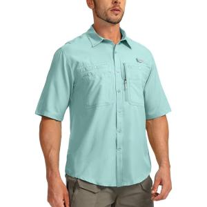 imageMens Fishing Shirts with Zipper Pockets UPF 50 Lightweight Cool Short Sleeve Button Down Shirts for Men Casual HikingMint Green