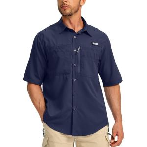 imageMens Fishing Shirts with Zipper Pockets UPF 50 Lightweight Cool Short Sleeve Button Down Shirts for Men Casual HikingNavy