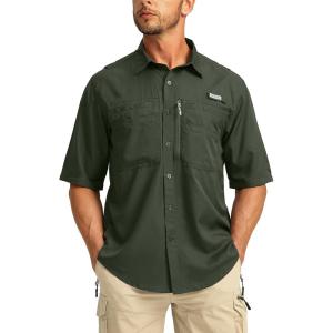 imageMens Fishing Shirts with Zipper Pockets UPF 50 Lightweight Cool Short Sleeve Button Down Shirts for Men Casual HikingOlive
