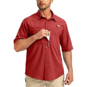 imageMens Fishing Shirts with Zipper Pockets UPF 50 Lightweight Cool Short Sleeve Button Down Shirts for Men Casual HikingRed