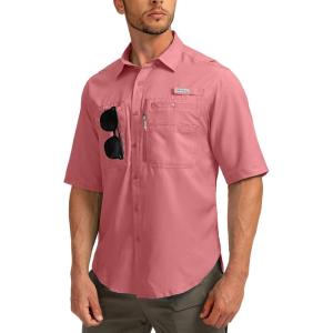 imageMens Fishing Shirts with Zipper Pockets UPF 50 Lightweight Cool Short Sleeve Button Down Shirts for Men Casual HikingSorbet