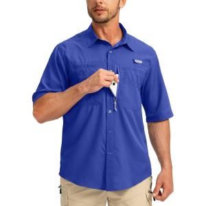 imageMens Fishing Shirts with Zipper Pockets UPF 50 Lightweight Cool Short Sleeve Button Down Shirts for Men Casual HikingVivid Blue