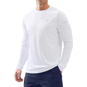 imageMens Sun Protection Long Sleeve Shirts UPF 50 Rash Guard for Men SPF UV Fishing Hiking Running Workout Athletic ShirtWhite
