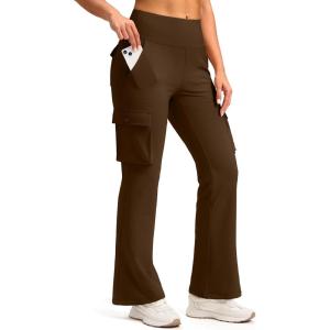 imageG Gradual Womens 6 Pockets High Waist Yoga Pants Stretch Cargo Flare Leggings for Fitness Travel Casual WearFudge Coffee