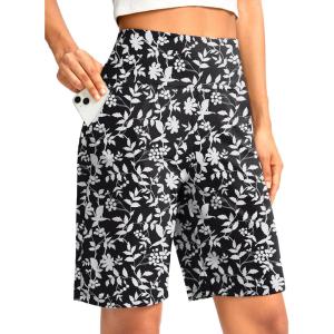 imageG Gradual Womens Bermuda Long Shorts with Pockets 9quot High Waisted Knee Length Shorts for Women Walking Athletic WorkoutWhite Flower