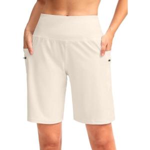 imageG Gradual Womens High Waisted 9quot Bermuda Shorts with Zipper Pockets Athletic Workout Long Shorts for Women Knee LengthBeige