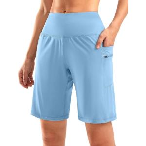 imageG Gradual Womens High Waisted 9quot Bermuda Shorts with Zipper Pockets Athletic Workout Long Shorts for Women Knee LengthLight Blue