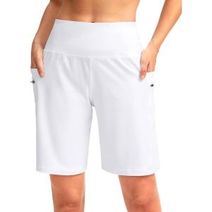 imageG Gradual Womens High Waisted 9quot Bermuda Shorts with Zipper Pockets Athletic Workout Long Shorts for Women Knee LengthWhite