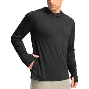 imageMens Sun Protection Shirts UPF 50 Long Sleeve Hoodie with 2 Pockets UV SPF Fishing Hiking Rash Guard ShirtsBlack