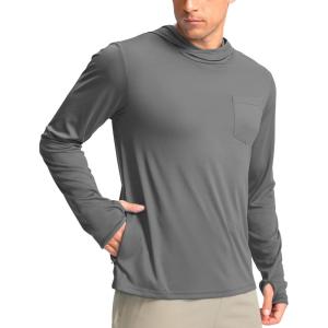 imageMens Sun Protection Shirts UPF 50 Long Sleeve Hoodie with 2 Pockets UV SPF Fishing Hiking Rash Guard ShirtsDark Grey