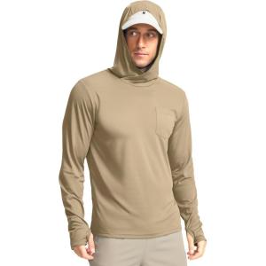 imageMens Sun Protection Shirts UPF 50 Long Sleeve Hoodie with 2 Pockets UV SPF Fishing Hiking Rash Guard ShirtsKhaki