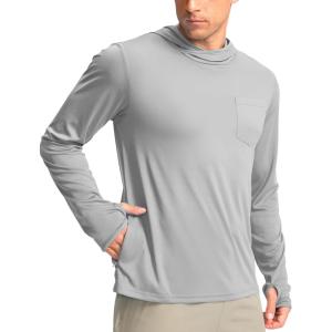 imageMens Sun Protection Shirts UPF 50 Long Sleeve Hoodie with 2 Pockets UV SPF Fishing Hiking Rash Guard ShirtsLight Grey