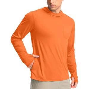 imageMens Sun Protection Shirts UPF 50 Long Sleeve Hoodie with 2 Pockets UV SPF Fishing Hiking Rash Guard ShirtsOrange