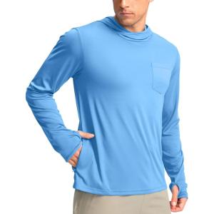 imageMens Sun Protection Shirts UPF 50 Long Sleeve Hoodie with 2 Pockets UV SPF Fishing Hiking Rash Guard ShirtsSky Blue
