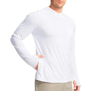imageMens Sun Protection Shirts UPF 50 Long Sleeve Hoodie with 2 Pockets UV SPF Fishing Hiking Rash Guard ShirtsWhite