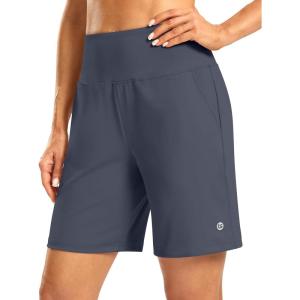 imageWomens Athletic Shorts with Zipper Pocket 7quot High Waisted Stretchy Bermuda Shorts for Women Workout Running CasualDusty Blue