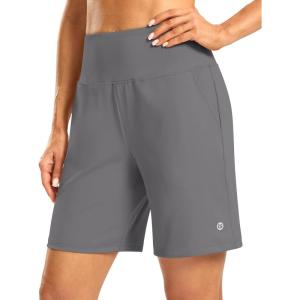 imageWomens Athletic Shorts with Zipper Pocket 7quot High Waisted Stretchy Bermuda Shorts for Women Workout Running CasualGrey