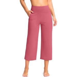 imageWomens Capri Pants with Pockets High Waist Yoga Pants Wide Leg Workout Crop Summer Pants for Casual Travel ExerciseBerry Rose