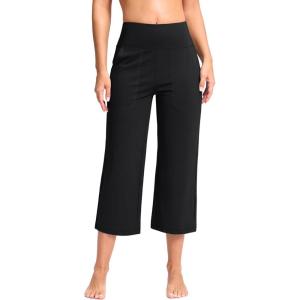 imageWomens Capri Pants with Pockets High Waist Yoga Pants Wide Leg Workout Crop Summer Pants for Casual Travel ExerciseBlack