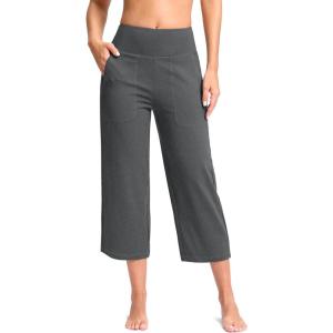imageWomens Capri Pants with Pockets High Waist Yoga Pants Wide Leg Workout Crop Summer Pants for Casual Travel ExerciseCharcoal