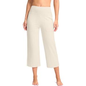 imageWomens Capri Pants with Pockets High Waist Yoga Pants Wide Leg Workout Crop Summer Pants for Casual Travel ExerciseCreamy