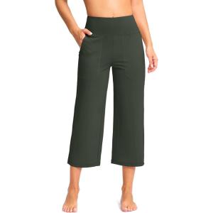imageWomens Capri Pants with Pockets High Waist Yoga Pants Wide Leg Workout Crop Summer Pants for Casual Travel ExerciseDark Green