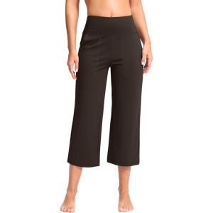 imageWomens Capri Pants with Pockets High Waist Yoga Pants Wide Leg Workout Crop Summer Pants for Casual Travel ExerciseFudge Coffee