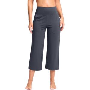 imageWomens Capri Pants with Pockets High Waist Yoga Pants Wide Leg Workout Crop Summer Pants for Casual Travel ExerciseGrey Blue