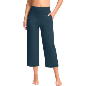 imageWomens Capri Pants with Pockets High Waist Yoga Pants Wide Leg Workout Crop Summer Pants for Casual Travel ExerciseIndigo