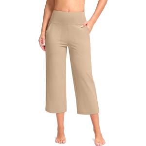 imageWomens Capri Pants with Pockets High Waist Yoga Pants Wide Leg Workout Crop Summer Pants for Casual Travel ExerciseKhaki