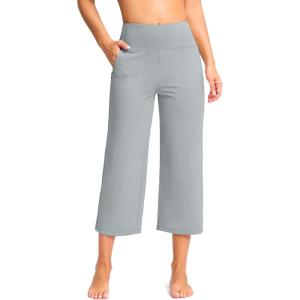 imageWomens Capri Pants with Pockets High Waist Yoga Pants Wide Leg Workout Crop Summer Pants for Casual Travel ExerciseLight Grey