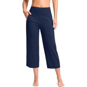imageWomens Capri Pants with Pockets High Waist Yoga Pants Wide Leg Workout Crop Summer Pants for Casual Travel ExerciseNavy Blue