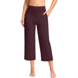 imageWomens Capri Pants with Pockets High Waist Yoga Pants Wide Leg Workout Crop Summer Pants for Casual Travel ExerciseWine