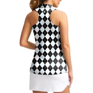 imageWomens Sleeveless Golf Shirt Zip Up Quick Dry Collared Tank Tops Racerback Tennis Athletic Polo Shirts for WomenBlack Blue Argyle