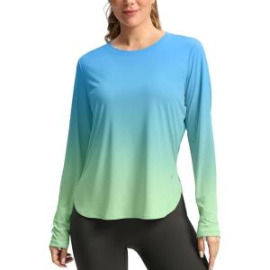 imageWomens Sun Shirts UPF 50 Long Sleeve UV Protection Shirt Lightweight Quick Dry Workout Hiking Tops for WomenGreenYellow Gradient
