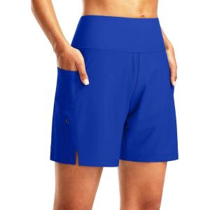 imageG Gradual Womens 7quot Long Swim Board Shorts High Waisted Quick Dry Beach Swimming Shorts for Women with Liner PocketsBlue