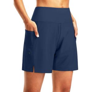 imageG Gradual Womens 7quot Long Swim Board Shorts High Waisted Quick Dry Beach Swimming Shorts for Women with Liner PocketsDark Blue