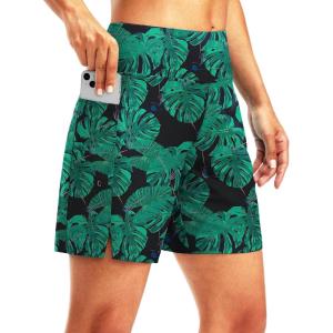 imageG Gradual Womens 7quot Long Swim Board Shorts High Waisted Quick Dry Beach Swimming Shorts for Women with Liner PocketsLeaf