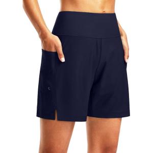 imageG Gradual Womens 7quot Long Swim Board Shorts High Waisted Quick Dry Beach Swimming Shorts for Women with Liner PocketsNavy