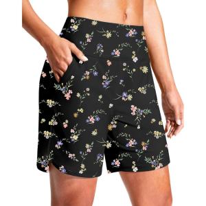 imageG Gradual Womens 7quot Quick Dry Swim Board Shorts Swimming Bottoms High Waisted Beach Shorts for Women with Liner PocketsBlack Floral